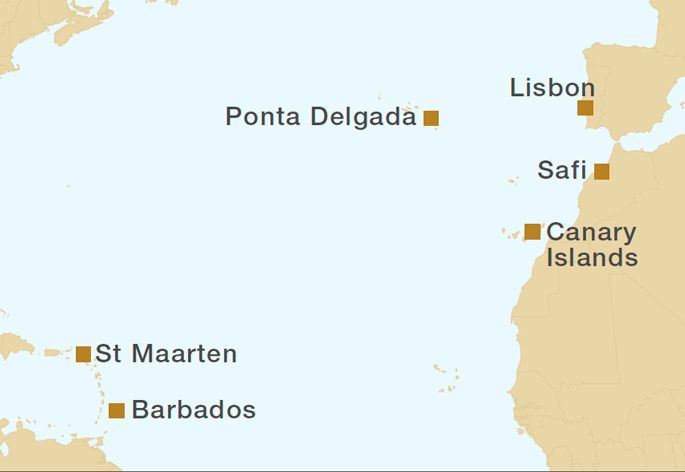 Westbound Atlantic Ocean Crossing 15 Nights Itinerary Map
