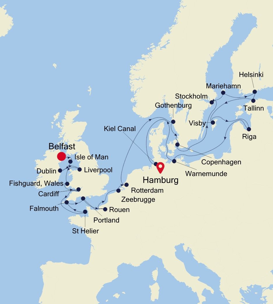 Belfast to Hamburg Special Voyage Itinerary Map