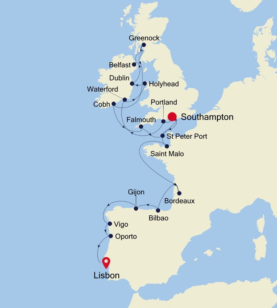 European Special Voyage: Southampton to Lisbon Itinerary Map
