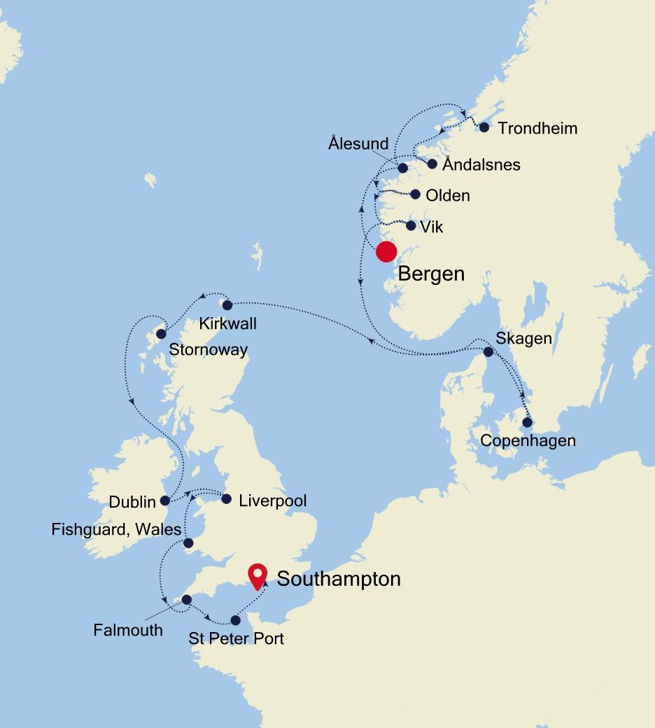 European Special Voyage: Bergen to Southampton Itinerary Map