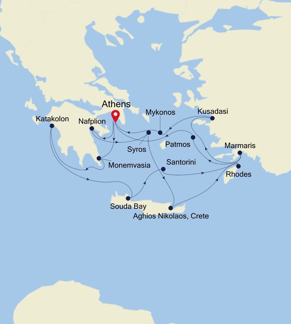 Mediterranean Special Voyage: Roundtrip from Athens (Piraeus) Itinerary Map