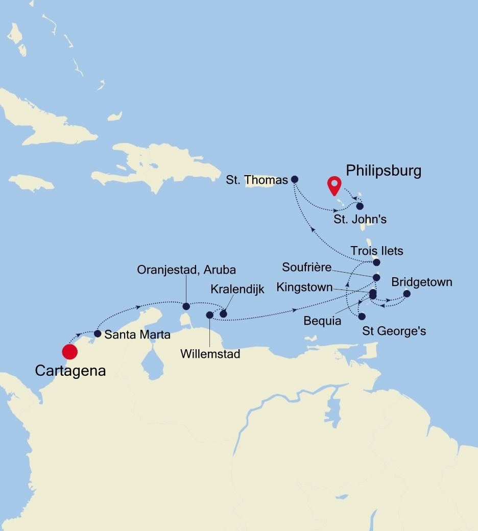 Caribbean & Central America Special Voyage: Cartagena to Philipsburg, St. Maarten Itinerary Map