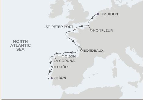 10-Night Amsterdam to Lisbon 9/20/24 Itinerary Map