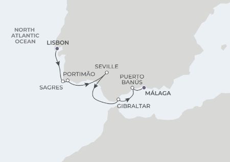 7-Night Lisbon to Malaga 9/30/24 Itinerary Map