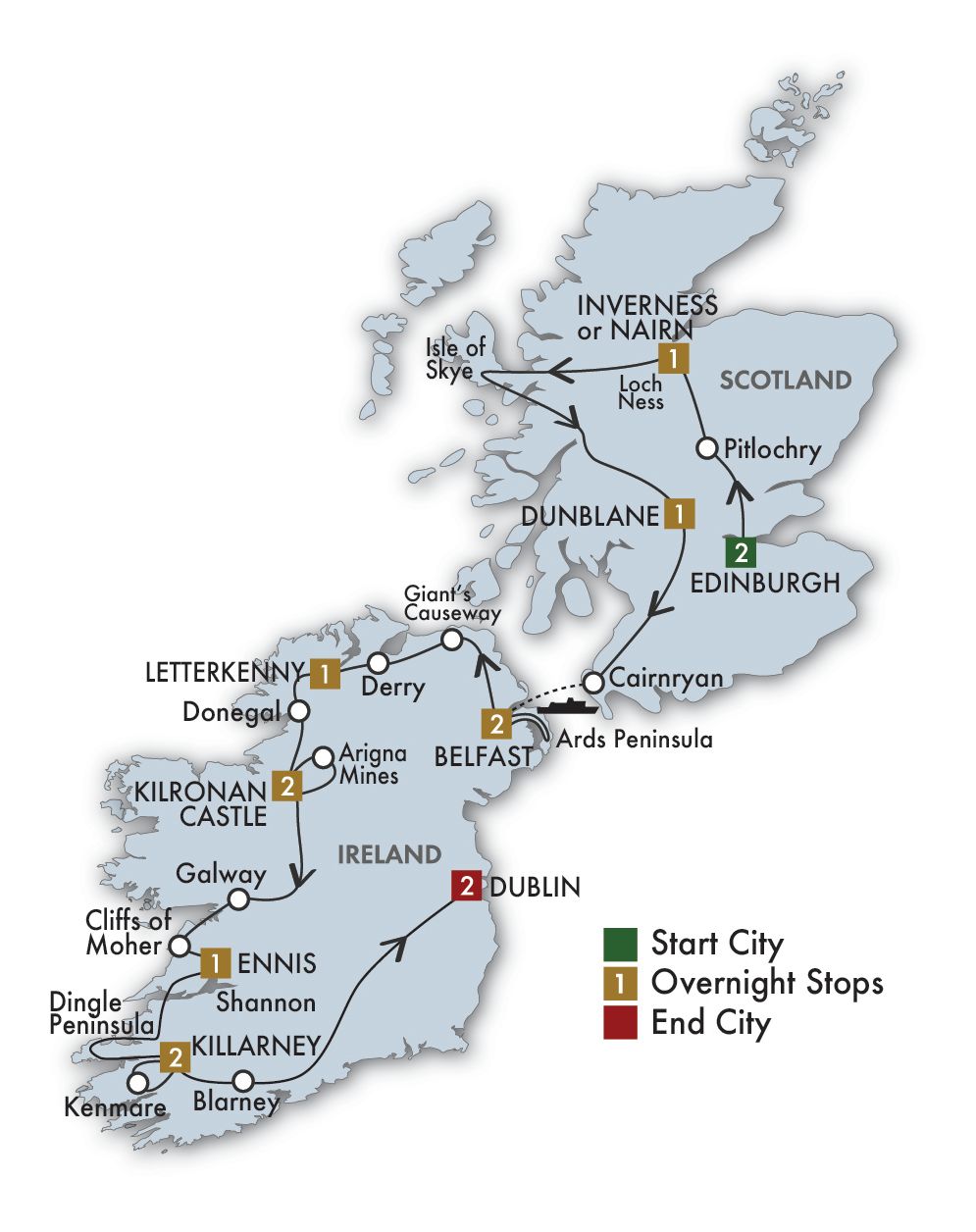 15 Day The Scots Irish Tour Itinerary Map