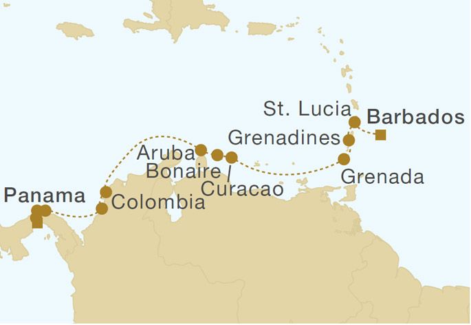 Royal Clipper - Barbados to Panama 14 Nights Itinerary Map