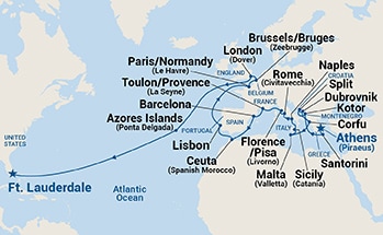 33-Day World Cruise Segment - Mediterranean Transatlantic Itinerary Map